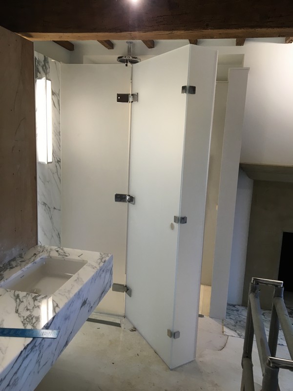 Bespoke frosted glass shower enclosure in Hornsey luxury bathroom
